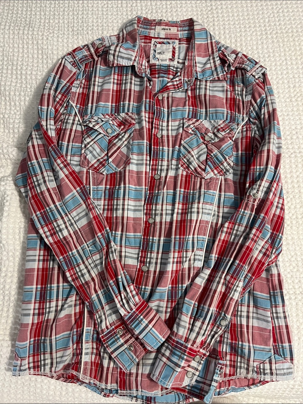 BKE Red, Light Blue & White Plaid Button-Down Shirt